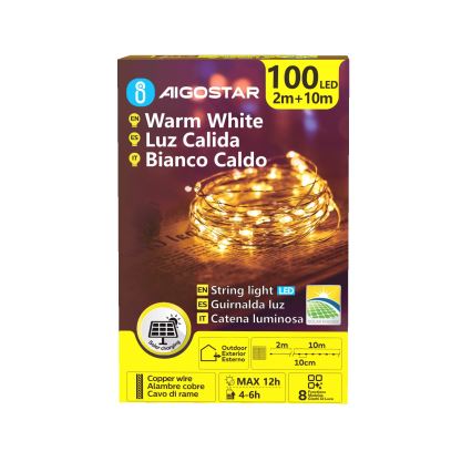 Aigostar - LED Solární  řetěz 100xLED/8 funkcí 12m 800 mAh IP65 teplá bílá