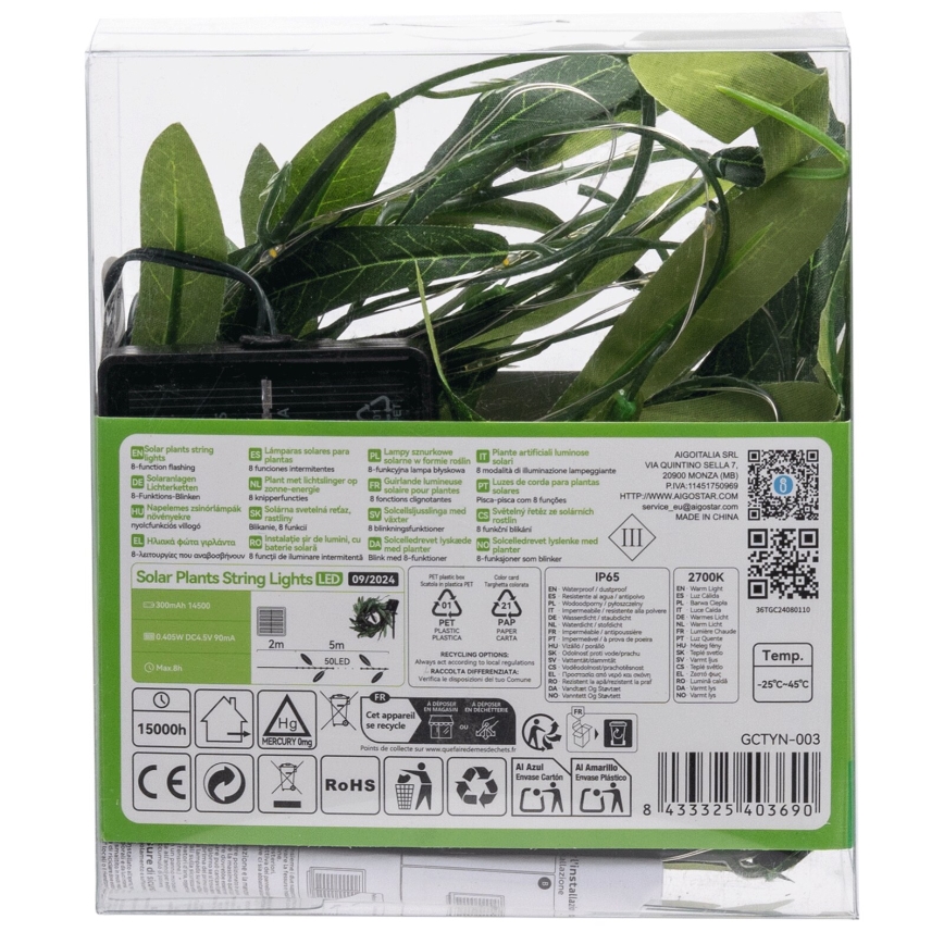 Aigostar - LED Solární řetěz 50xLED/7m IP65 300 mAh teplá bílá olive