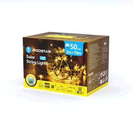 Aigostar - LED Solární  řetěz 50xLED/8 funkcí 12m 800mAh IP65 teplá bílá