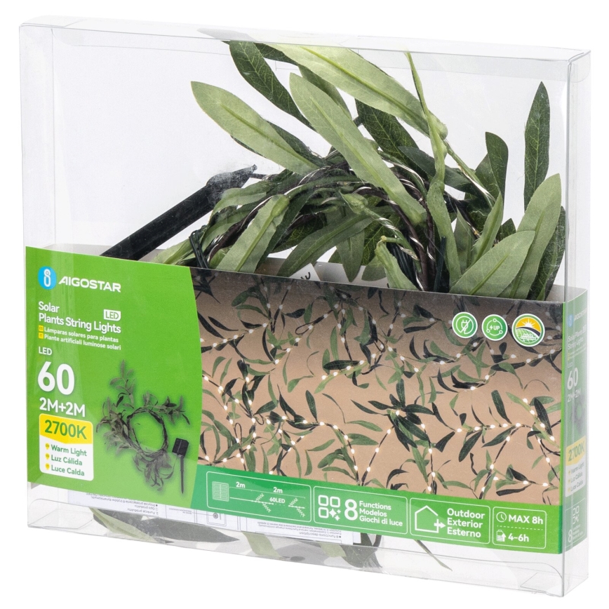 Aigostar - LED Solární řetěz 60xLED/4m IP65 300 mAh teplá bílá olive