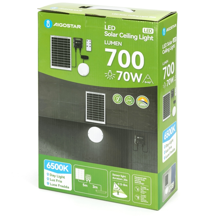 Aigostar - LED Solární stropní svítidlo se senzorem LED/70W/3,7V 6000 mAh IP65 + dálkové ovládání