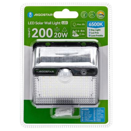 Aigostar - LED Solární svítidlo se senzorem LED/3,7V 6500K 1200 mAh IP65 černá