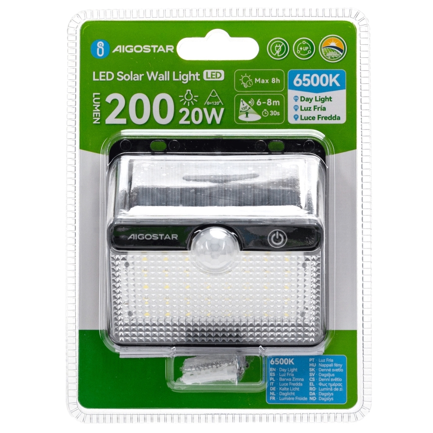 Aigostar - LED Solární svítidlo se senzorem LED/3,7V 6500K 1200 mAh IP65 černá