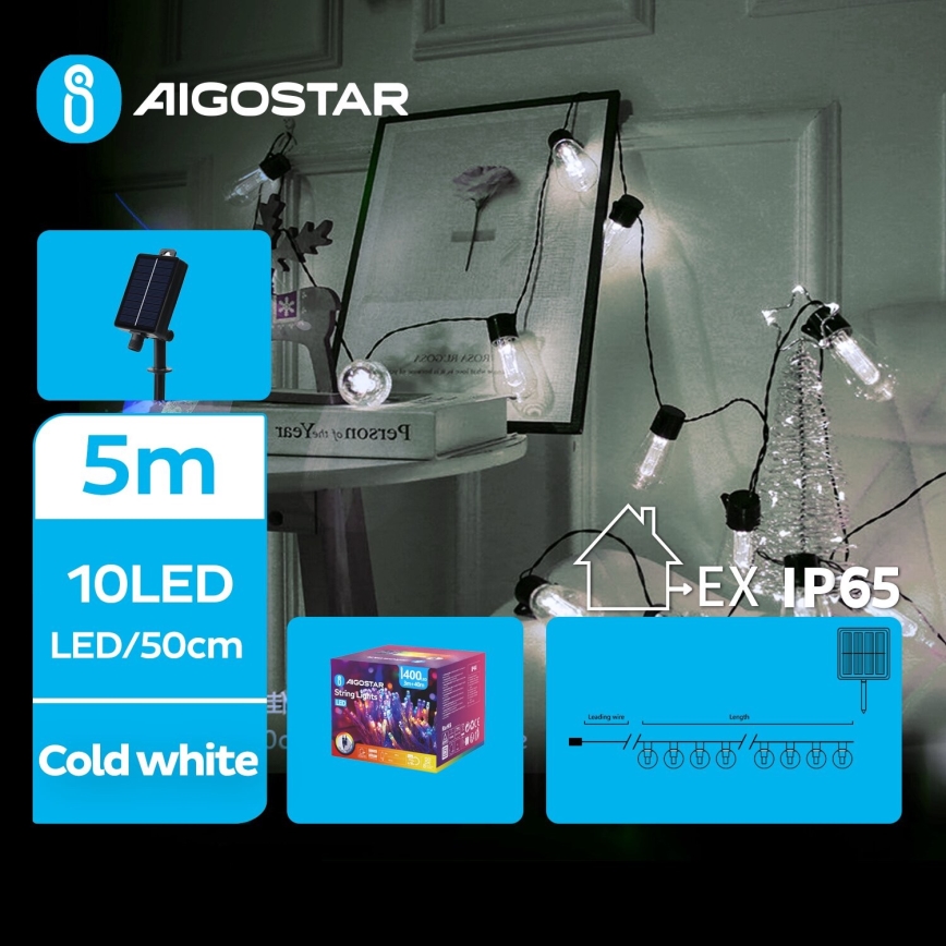 Aigostar - LED Solární vánoční řetěz 10xLED/8 funkcí 6,5m 500 mAh IP65 studená bílá