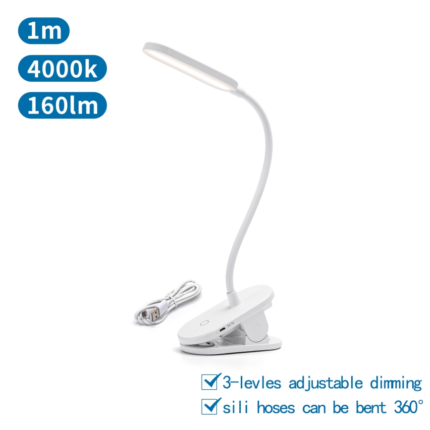 Aigostar - LED Stmívatelná nabíjecí stolní lampa s klipem LED/2,5W/5V 1200mAh bílá
