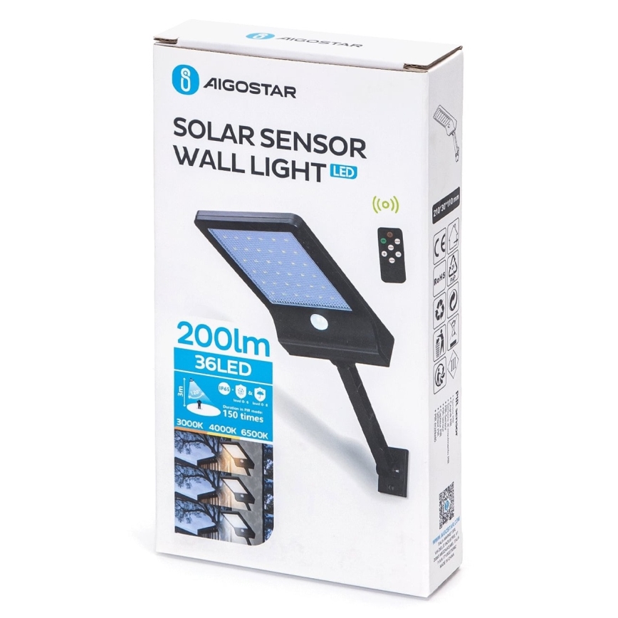 Aigostar - LED Stmívatelná solární lampa se senzorem LED/2,3W/5,5V IP65 1800 mAh + dálkové ovládání