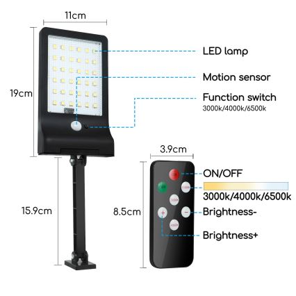 Aigostar - LED Stmívatelná solární lampa se senzorem LED/2,3W/5,5V IP65 1800 mAh + dálkové ovládání