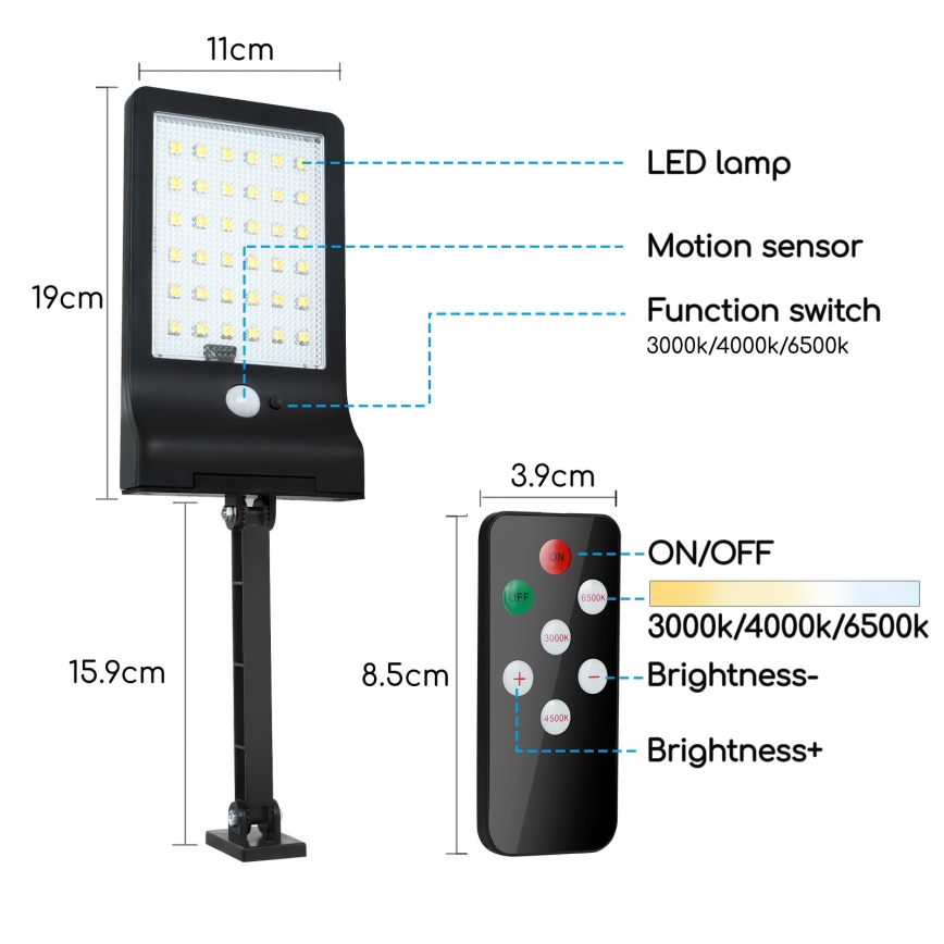 Aigostar - LED Stmívatelná solární lampa se senzorem LED/2,3W/5,5V IP65 1800 mAh + dálkové ovládání