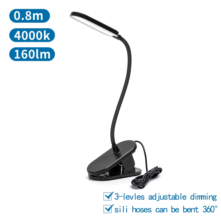 Aigostar - LED Stmívatelná stolní lampa s klipem LED/2,5W/5V černá