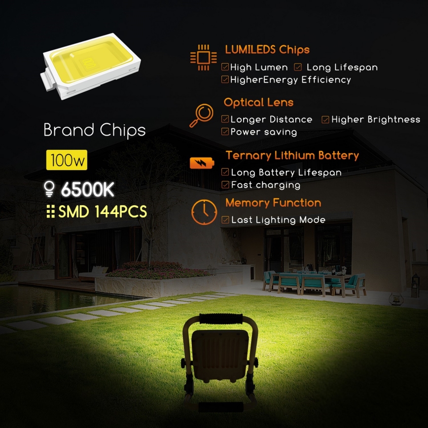 Aigostar - LED Stmívatelný nabíjecí reflektor LED/100W/5V 6500K IP65 15000 mAh