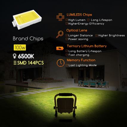 Aigostar - LED Stmívatelný nabíjecí reflektor LED/100W/5V 6500K IP65 1500mAh
