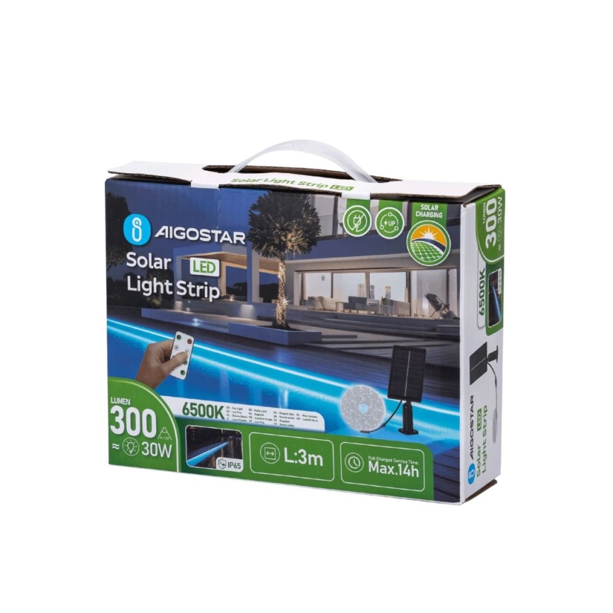 Aigostar - LED Stmívatelný solární pásek LED/1,6W/3,2V 3 m 1600 mAh 6500K IP65 + dálkové ovládání