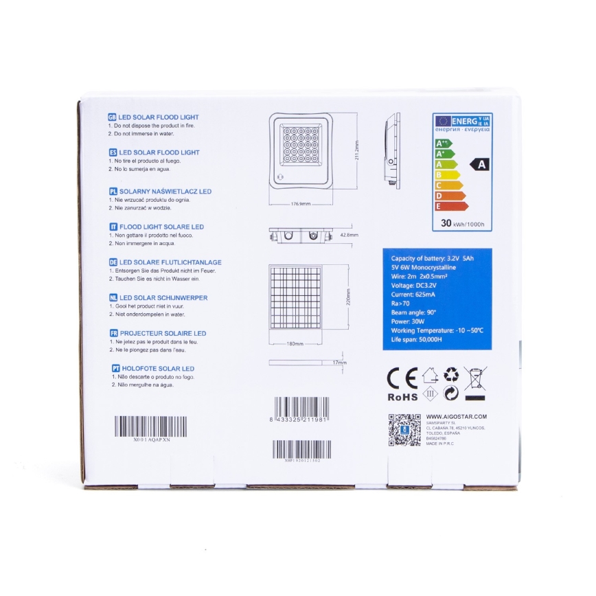 Aigostar - LED Stmívatelný solární reflektor LED/30W/3,2V 20000 mAh IP67 + DO