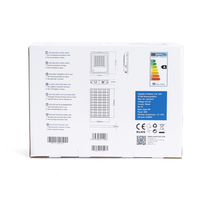 Aigostar - LED Stmívatelný solární reflektor LED/50W/3,2V IP65 6000 mAh + DO
