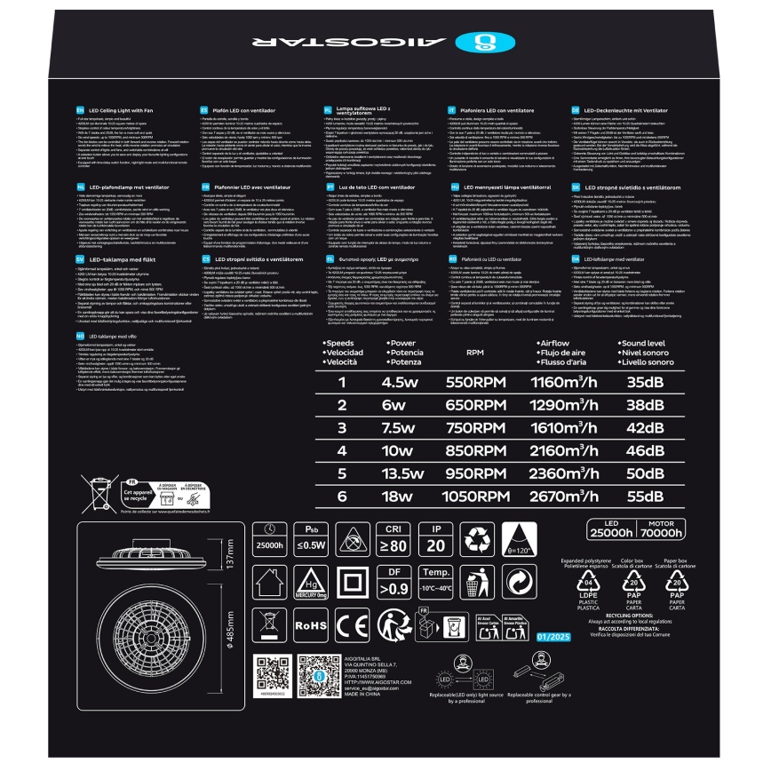 Aigostar - LED Stmívatelný stropní ventilátor LED/40W/230V 2700-6500K pr. 49 cm + dálkové ovládání bílá