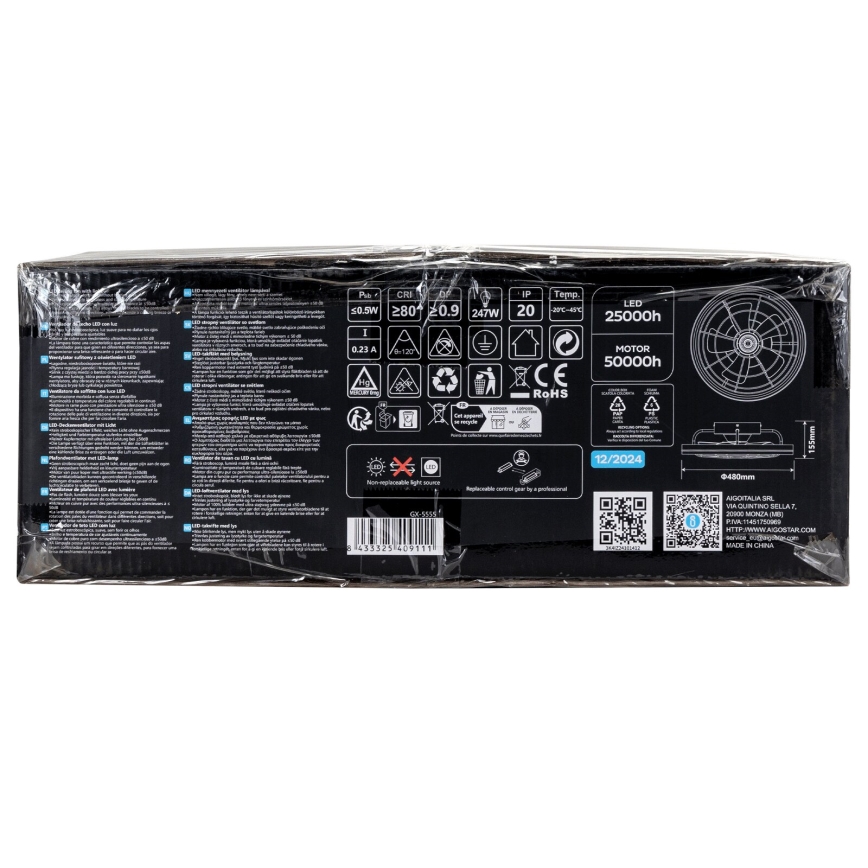 Aigostar - LED Stmívatelný stropní ventilátor LED/40W/230V 2700-6500K pr. 48 cm + dálkové ovládání černá