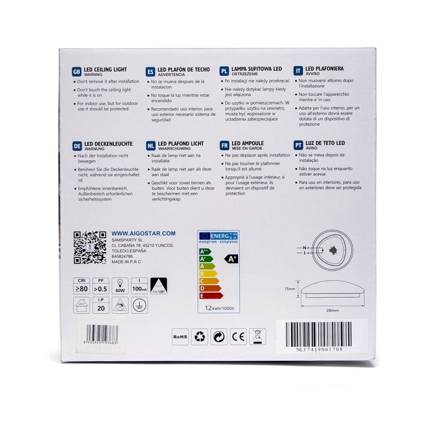Aigostar - LED Stropní svítidlo se senzorem LED/12W/230V 3000K pr. 28 cm