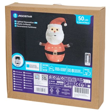 Aigostar - LED Vánoční venkovní dekorace 50xLED/3xAA 0,7m IP44 studená Santa Claus