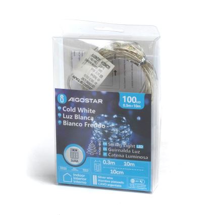 Aigostar - LED Vánoční řetěz 100xLED/3xAA 10,3m studená bílá