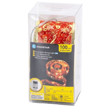 Aigostar - LED Vánoční řetěz 100xLED/3xAA 10 m teplá bílá červená