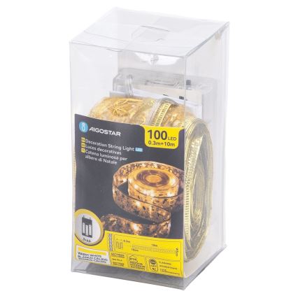 Aigostar - LED Vánoční řetěz 100xLED/3xAA 10 m teplá bílá zlatá