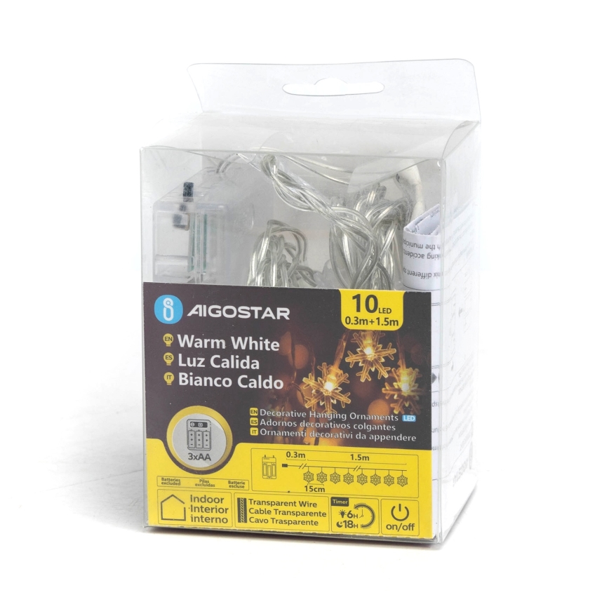 Aigostar - LED Vánoční řetěz 10xLED/3xAA 1,5m teplá bílá vločky
