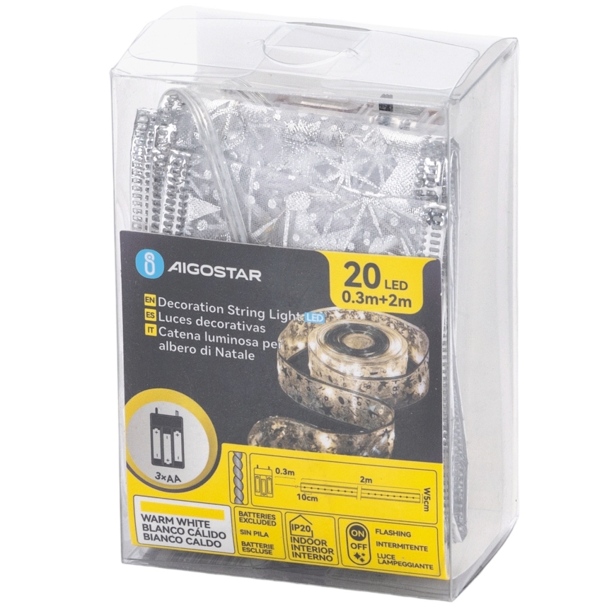 Aigostar - LED Vánoční řetěz 20xLED/3xAA 2 m teplá bílá stříbrná