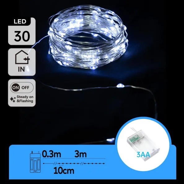 Aigostar - LED Vánoční řetěz 30xLED/3xAA 3,3 m studená bílá