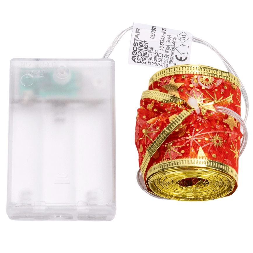 Aigostar - LED Vánoční řetěz 50xLED/3xAA 5m teplá bílá červená