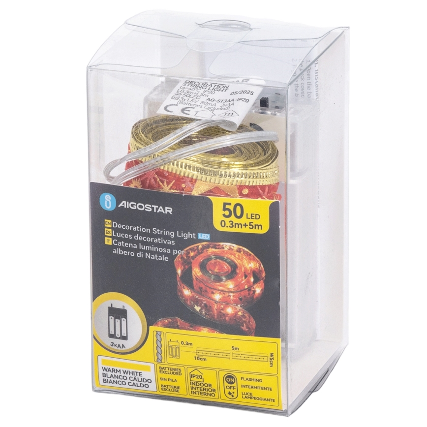 Aigostar - LED Vánoční řetěz 50xLED/3xAA 5m teplá bílá červená