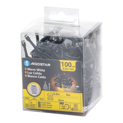 Aigostar - LED Venkovní  řetěz 100xLED/8 funkcí 3xAA 5,3 m IP44 teplá bílá
