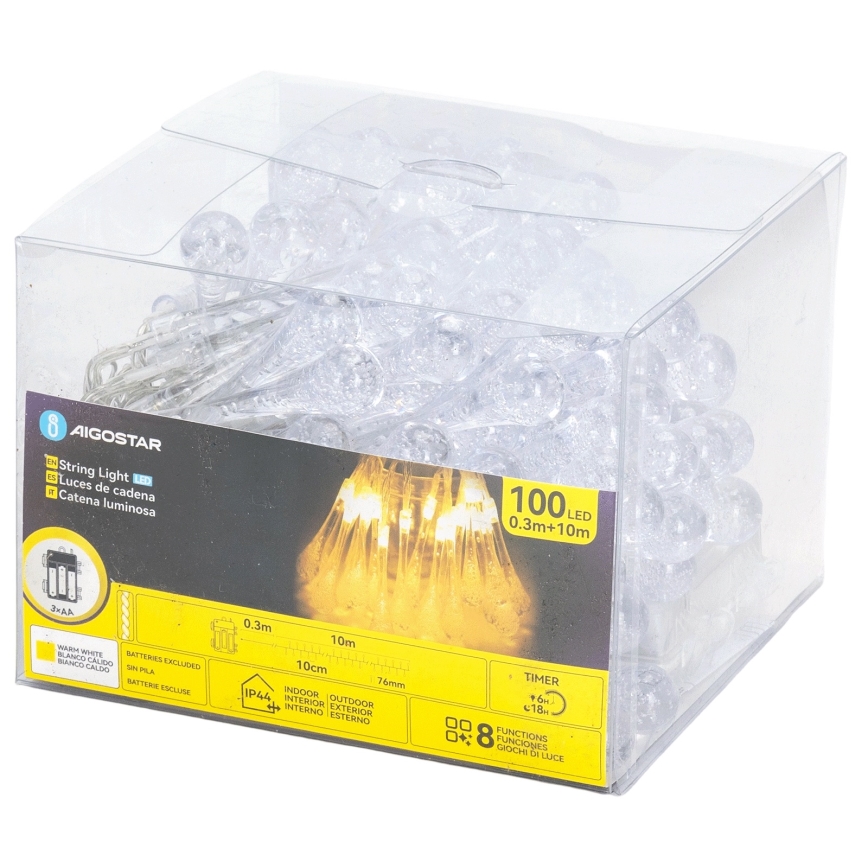 Aigostar - LED Venkovní vánoční řetěz 100xLED/8 funkcí 3xAA 10 m IP44 teplá bílá kapky