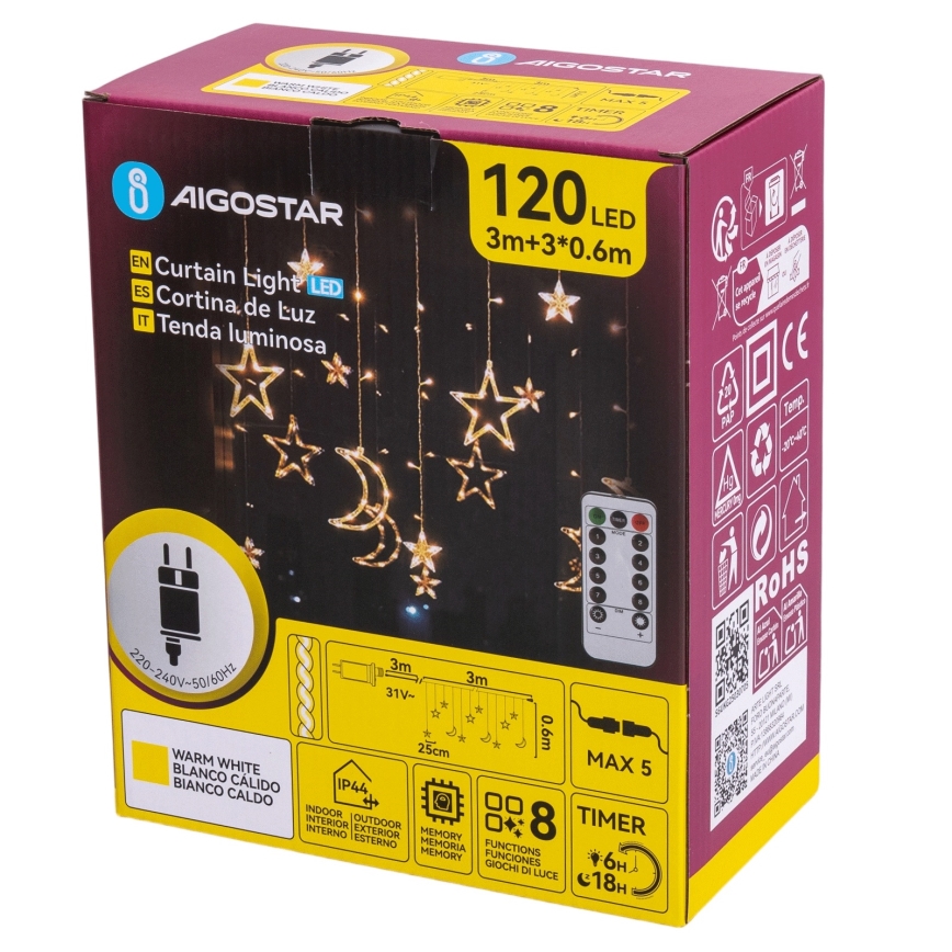 Aigostar - LED Venkovní vánoční řetěz 120xLED/6W/230V/8 funkcí 3x0,6m IP44 teplá bílá + dálkové ovládání