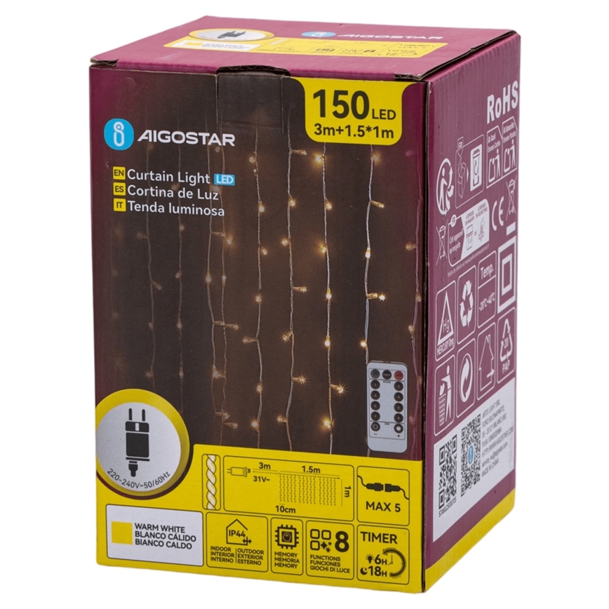 Aigostar - LED Venkovní vánoční řetěz 150xLED/6W/230V/8 funkcí 1,5x1m IP44 teplá bílá + dálkové ovládání