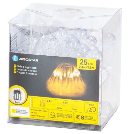Aigostar - LED Venkovní vánoční řetěz 25xLED/8 funkcí 3xAA 2,5 m IP44 teplá bílá kapky
