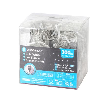 Aigostar - LED Venkovní vánoční řetěz 300xLED/6W/230V/8 funkcí 15x0,4m IP44 studená bílá