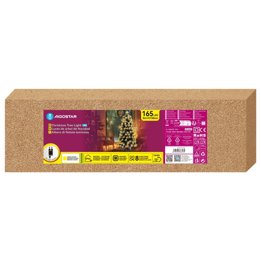 Aigostar - LED Venkovní vánoční stromek 165xLED/8 funkcí 1,5 m IP44 teplá bílá