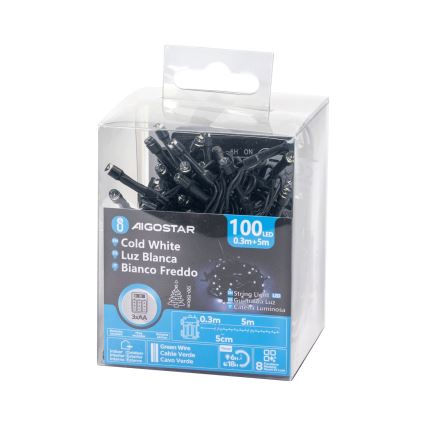 Aigostar - LED Venkovní vánoční řetěz 100xLED/8 funkcí 3xAA 5,3 m IP44 studená bílá