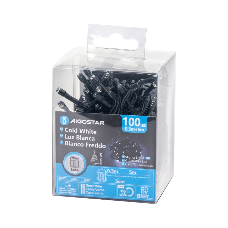 Aigostar - LED Venkovní vánoční řetěz 100xLED/8 funkcí 3xAA 5,3 m IP44 studená bílá