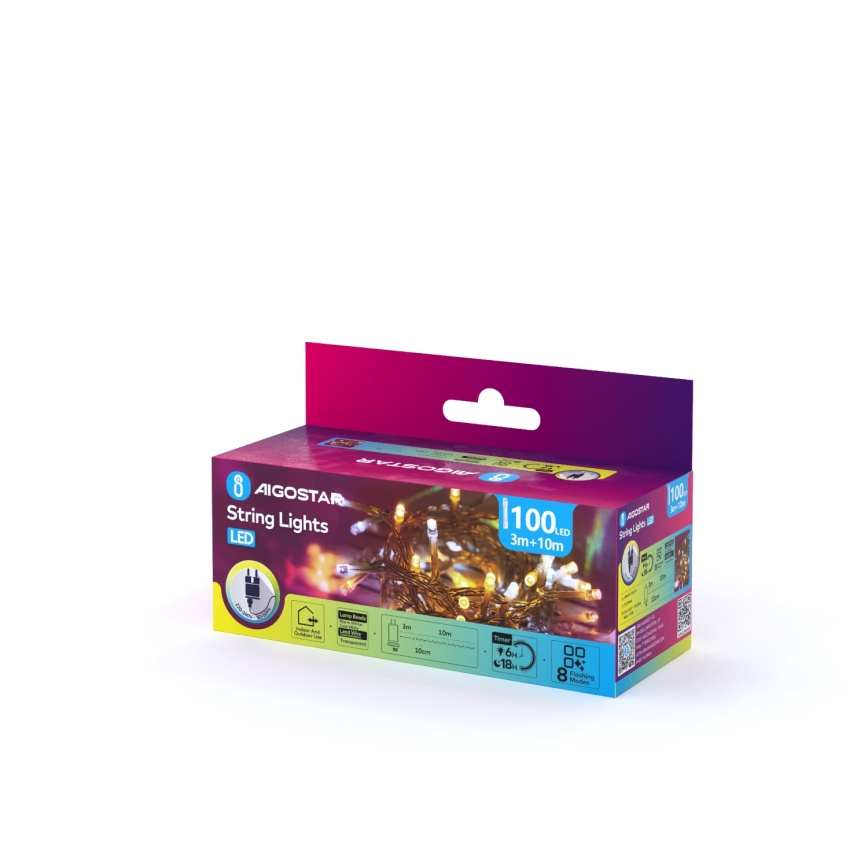 Aigostar - LED Venkovní vánoční řetěz 100xLED/8 funkcí 13m IP44 teplá bílá/studená bílá