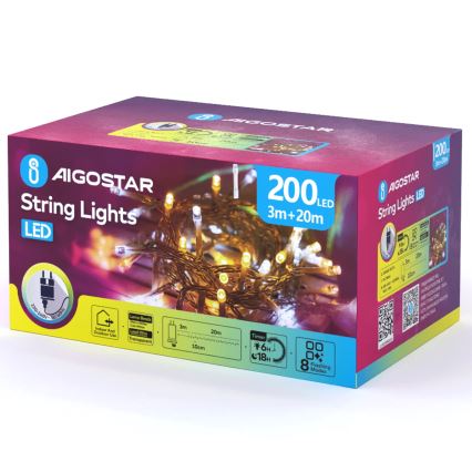 Aigostar - LED Venkovní vánoční řetěz 200xLED/8 funkcí 23m IP44 teplá bílá/studená bílá