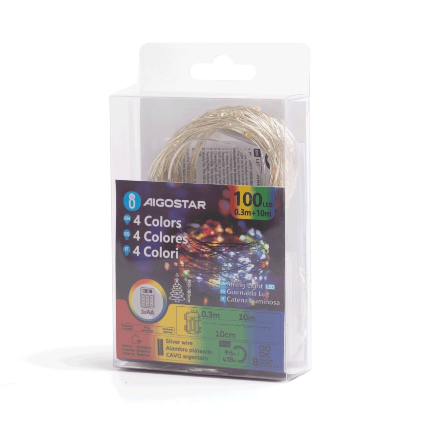 Aigostar - LED Venkovní  řetěz 100xLED/8 funkcí/3xAA10,3m IP44 multicolor