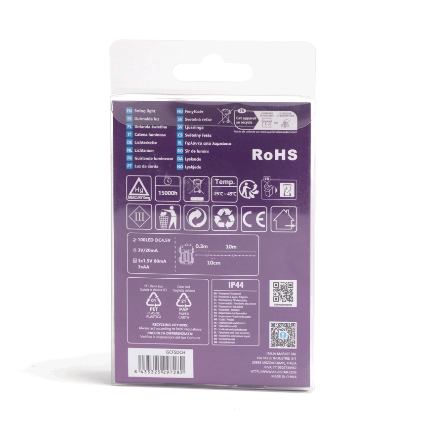 Aigostar - LED Venkovní  řetěz 100xLED/8 funkcí/3xAA10,3m IP44 multicolor