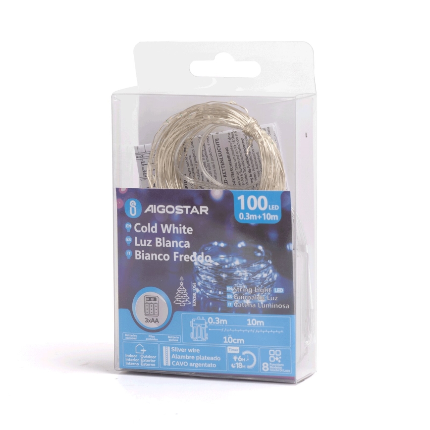 Aigostar - LED Venkovní  řetěz 100xLED/8 funkcí/3xAA 10,3m IP44 studená bílá