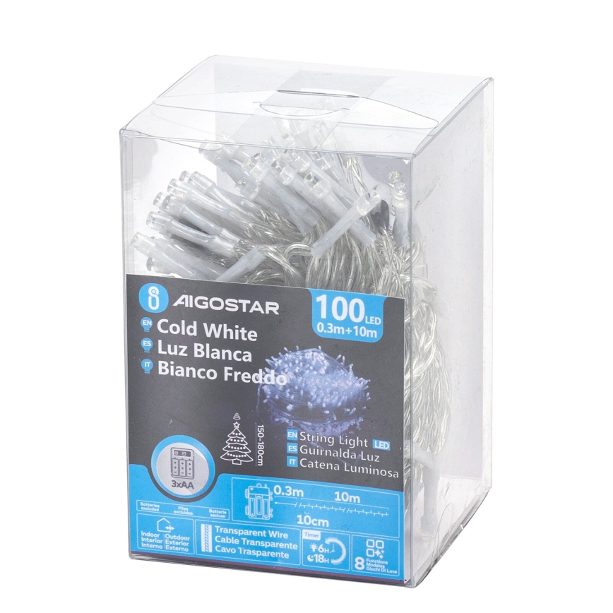Aigostar - LED Venkovní  řetěz 100xLED/8 funkcí/3xAA 10,3m IP44 studená bílá