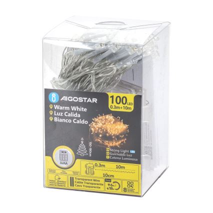Aigostar -LED Venkovní  řetěz 100xLED/8 funkcí 3xAA 10,3m IP44 teplá bílá