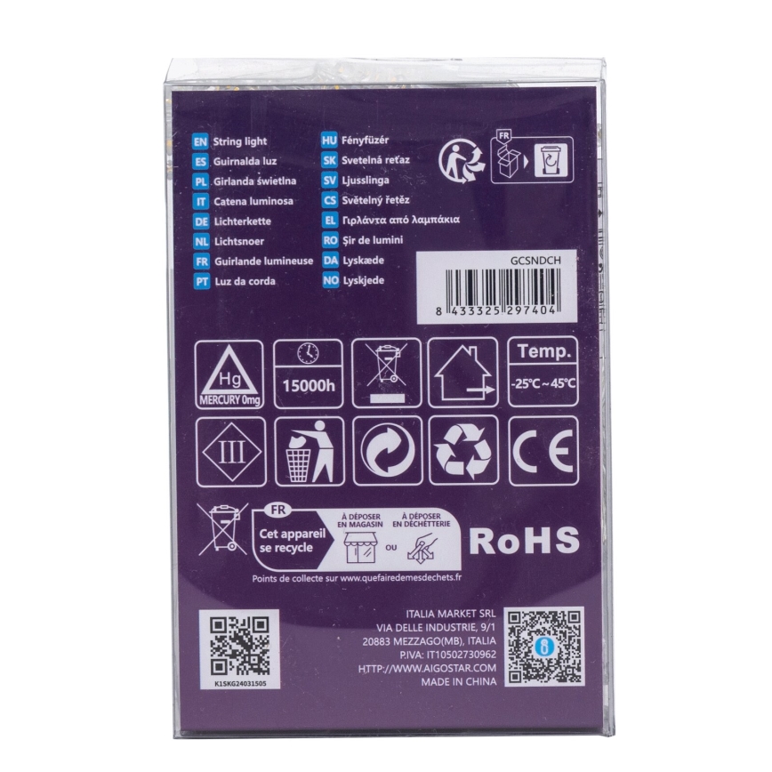 Aigostar -LED Venkovní  řetěz 100xLED/8 funkcí 3xAA 10,3m IP44 teplá bílá