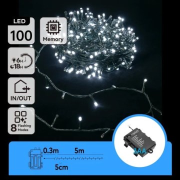 Aigostar - LED Venkovní  řetěz 100xLED/8 funkcí 3xAA 5,3 m IP44 studená bílá
