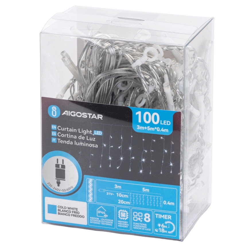Aigostar - LED Venkovní  řetěz 100xLED/8 funkcí 5x0,4m IP44 studená bílá