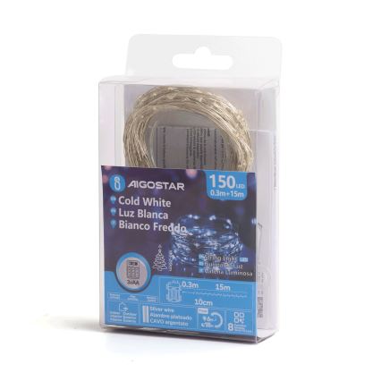 Aigostar - LED Venkovní  řetěz 150xLED/8 funkcí/3xAA 15,3m IP44 studená bílá